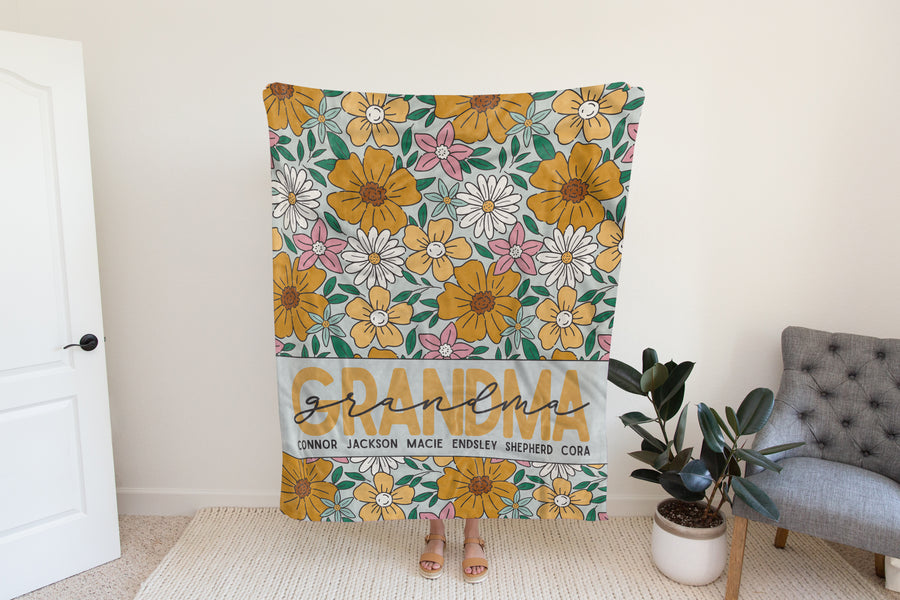 Fleece Yellow Floral Mother Blanket with Names