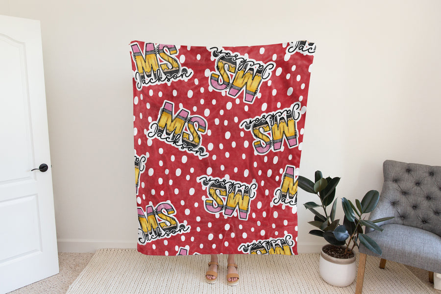 Personalized Red Dots Pencil Name Fleece Blanket