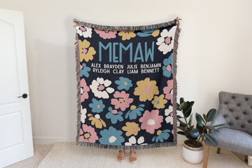Woven Blue Floral Mother Blanket with Names