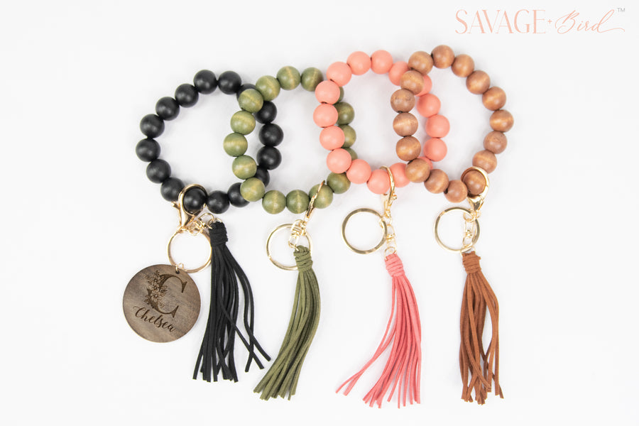 Wood Bead Bracelet Keychain  - Floral Initial + Name