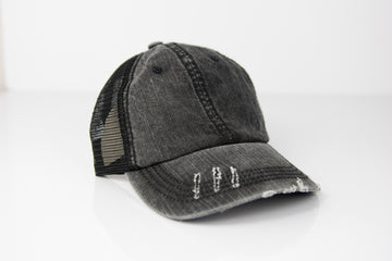Black Vintage Distressed Hat with Ponytail back
