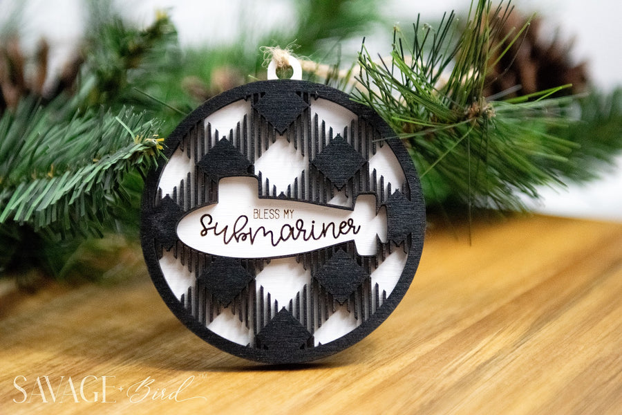 Bless My Submariner Plaid Wood Ornament